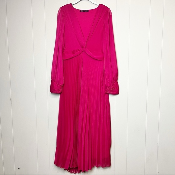 ZARA Pleated Midi Dress Large Fuchsia pink solid long sleeve flowy twist front - Picture 2 of 14